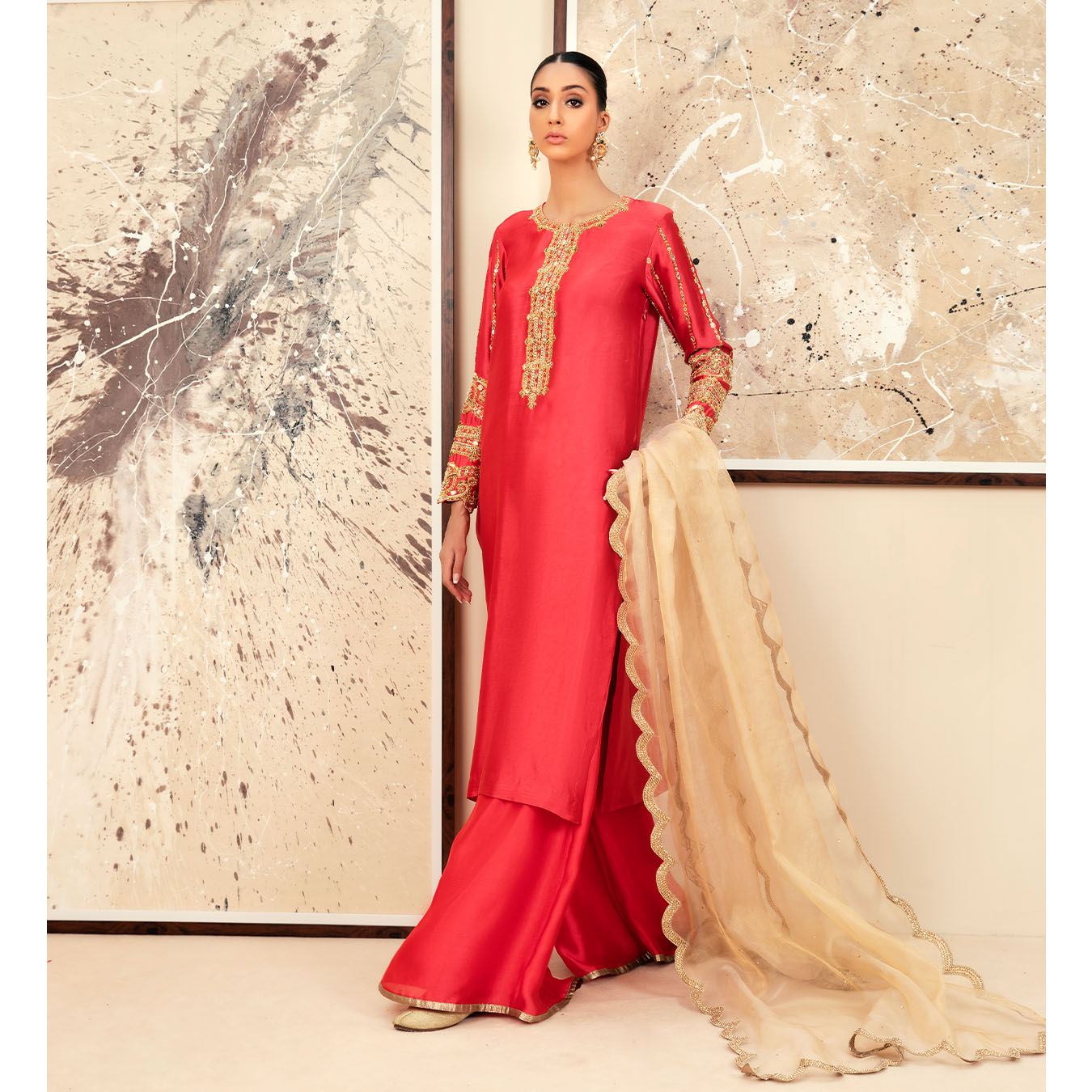 Carrot Pink Gota Kundan Tissue Silk Salwar Kameez (3-Piece) - Image 4