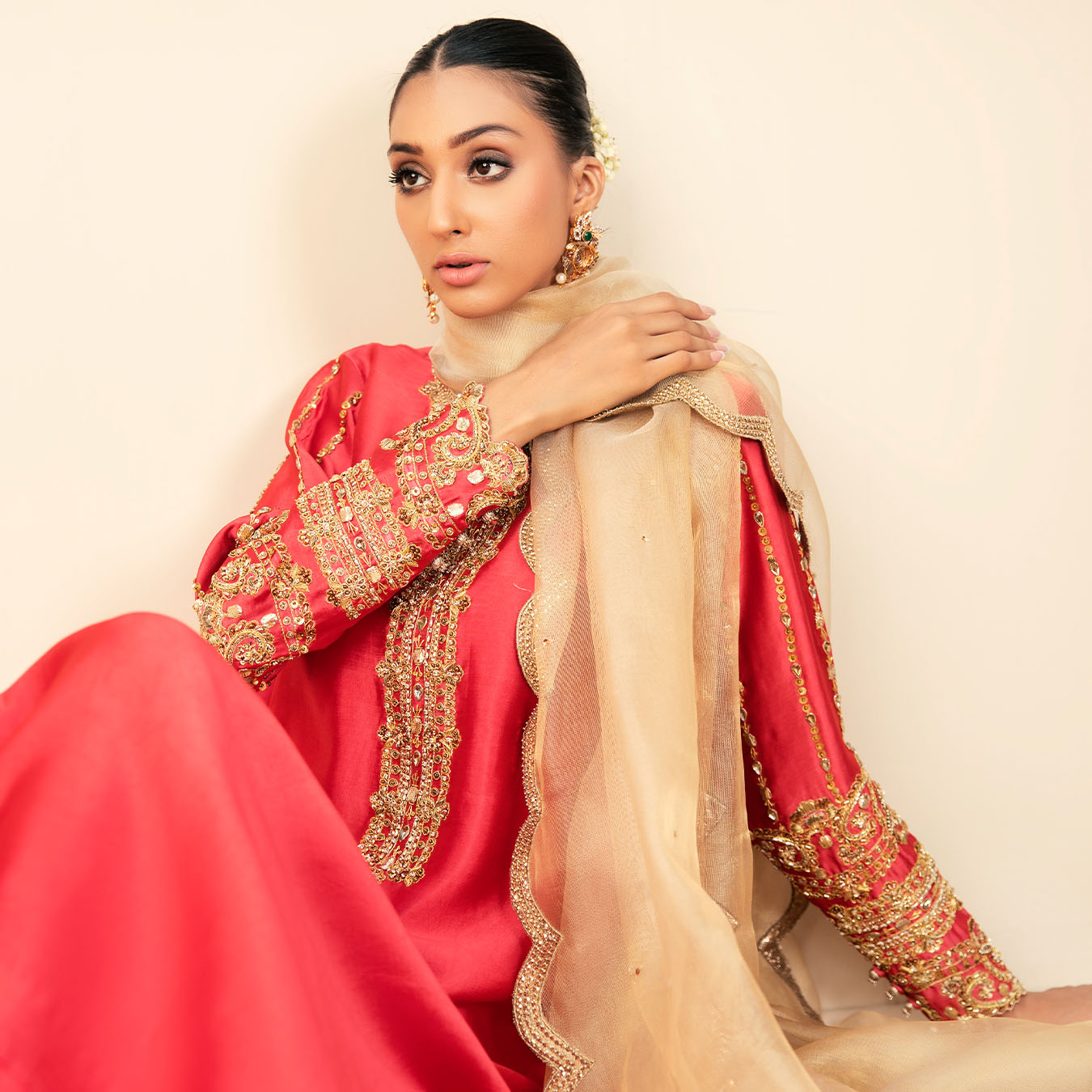 Carrot Pink Gota Kundan Tissue Silk Salwar Kameez (3-Piece) - Image 5