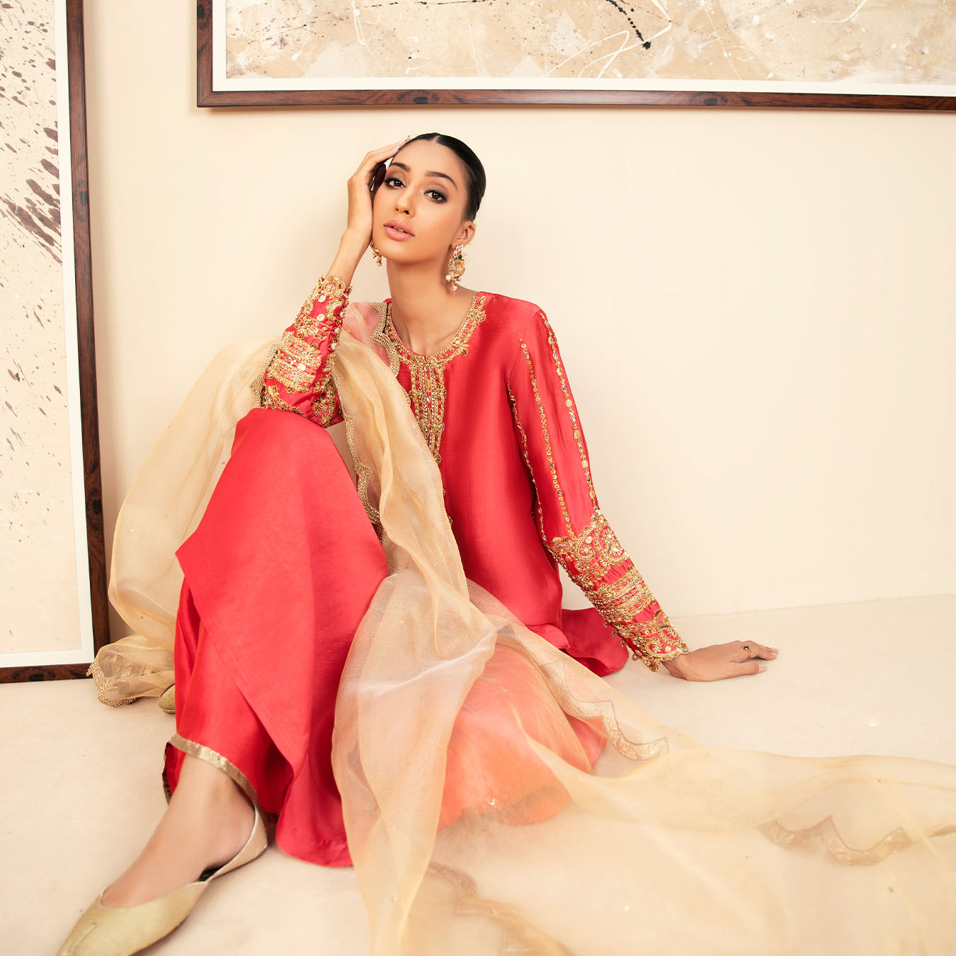 Carrot Pink Gota Kundan Tissue Silk Salwar Kameez (3-Piece) - Image 6