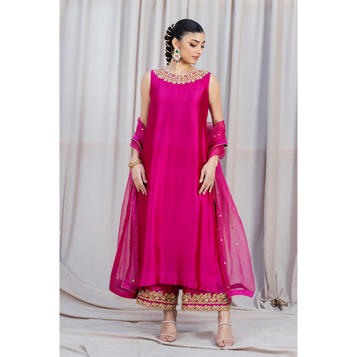 Raani Pink Embellished Tissue Silk Long Shirt (3-Piece) - Image 1