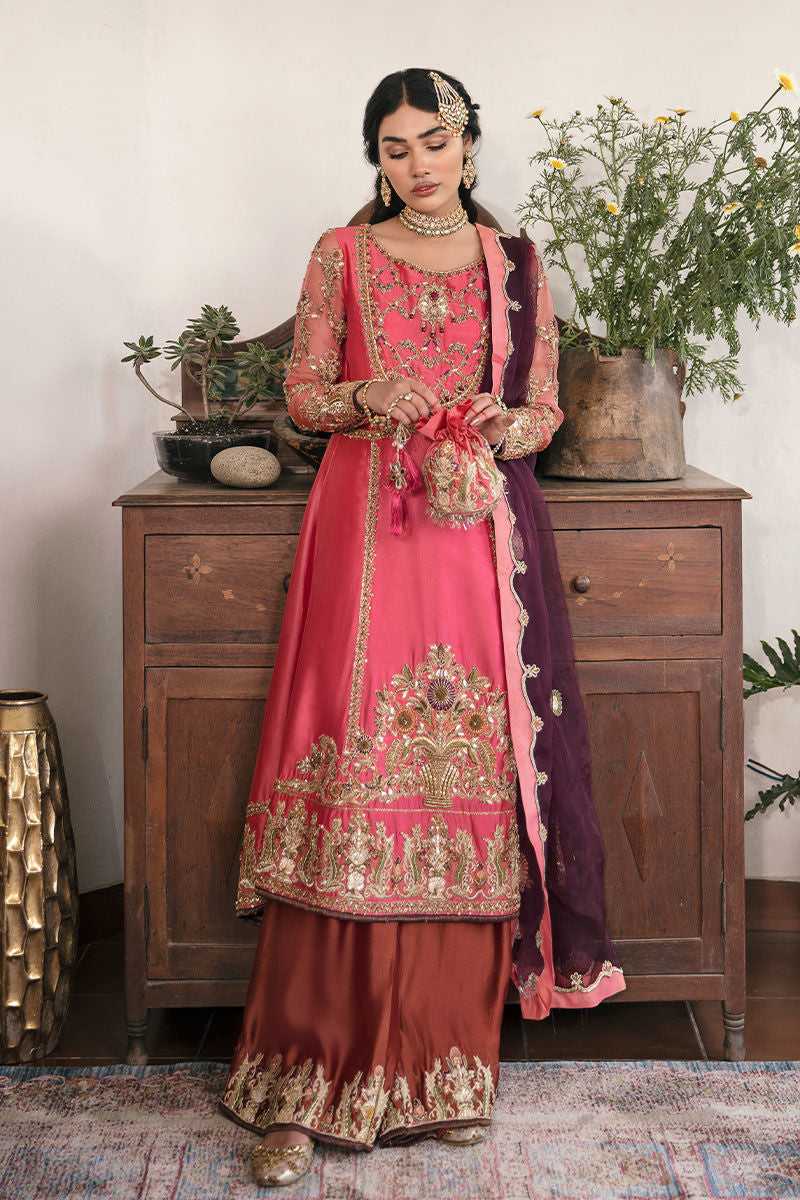 Pakistani Coral Pink Embroidered Tissue Silk Salwar Kameez (3-Piece) - Image 1