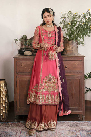 Pakistani Coral Pink Embroidered Tissue Silk Salwar Kameez (3-Piece) - Image 2