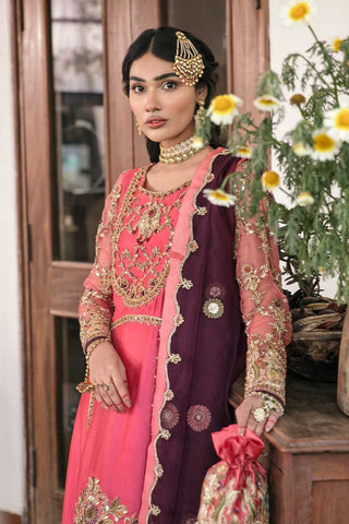 Pakistani Coral Pink Embroidered Tissue Silk Salwar Kameez (3-Piece) - Image 3