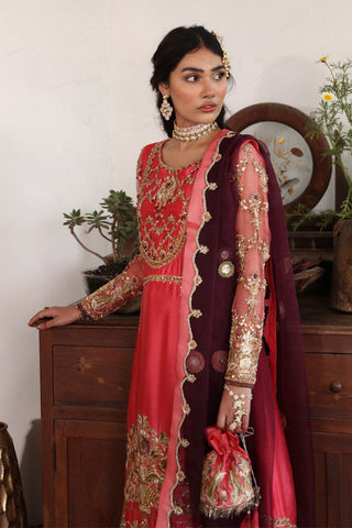 Pakistani Coral Pink Embroidered Tissue Silk Salwar Kameez (3-Piece) - Image 5