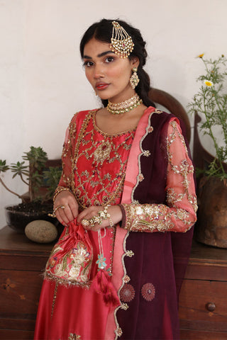 Pakistani Coral Pink Embroidered Tissue Silk Salwar Kameez (3-Piece) - Image 6