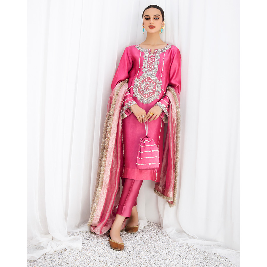 Rose Pink Zardozi Pure Tissue Silk Kurta Set (3-Piece) - Image 1