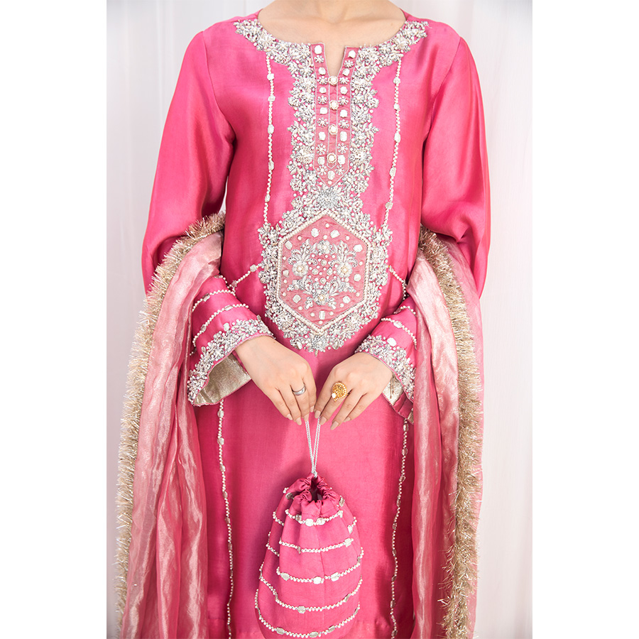 Rose Pink Zardozi Pure Tissue Silk Kurta Set (3-Piece) - Image 2