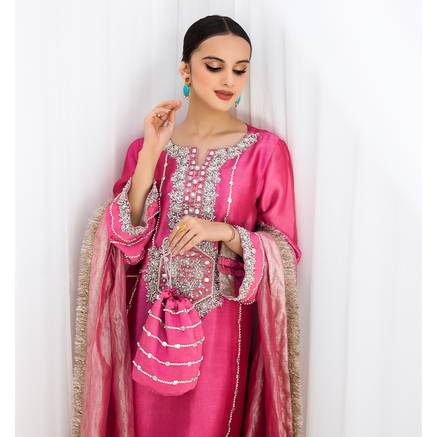 Rose Pink Zardozi Pure Tissue Silk Kurta Set (3-Piece) - Image 3