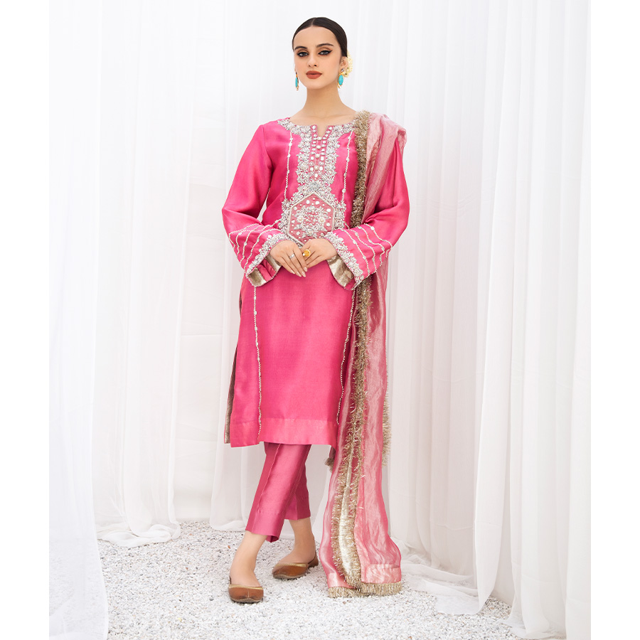 Rose Pink Zardozi Pure Tissue Silk Kurta Set (3-Piece) - Image 5