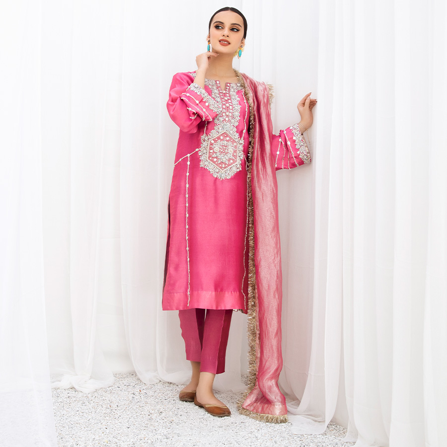 Rose Pink Zardozi Pure Tissue Silk Kurta Set (3-Piece) - Image 6