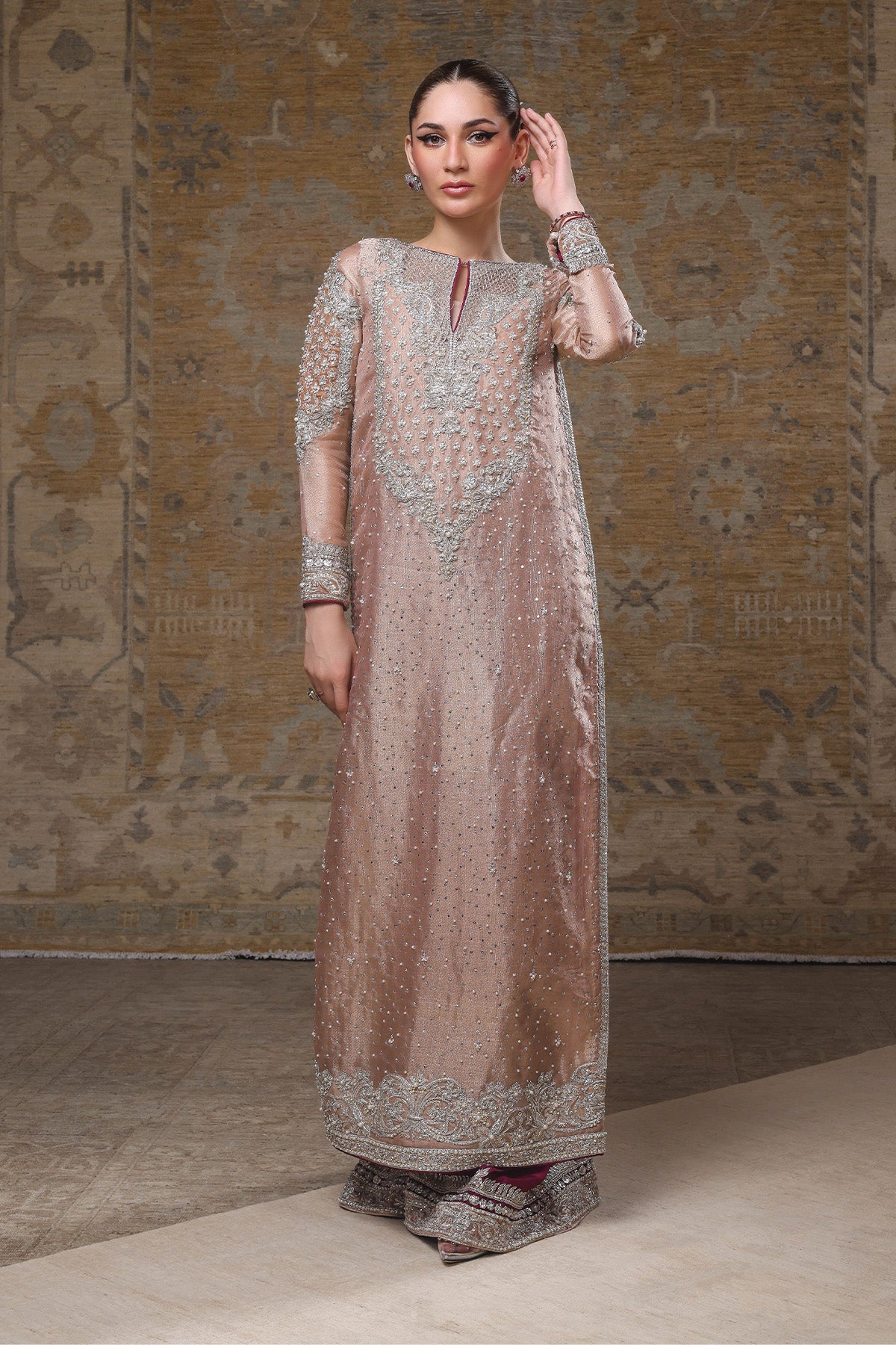 Peach & Fuchsia Embellished Tissue Salwar Kameez (2-Piece) - Image 1