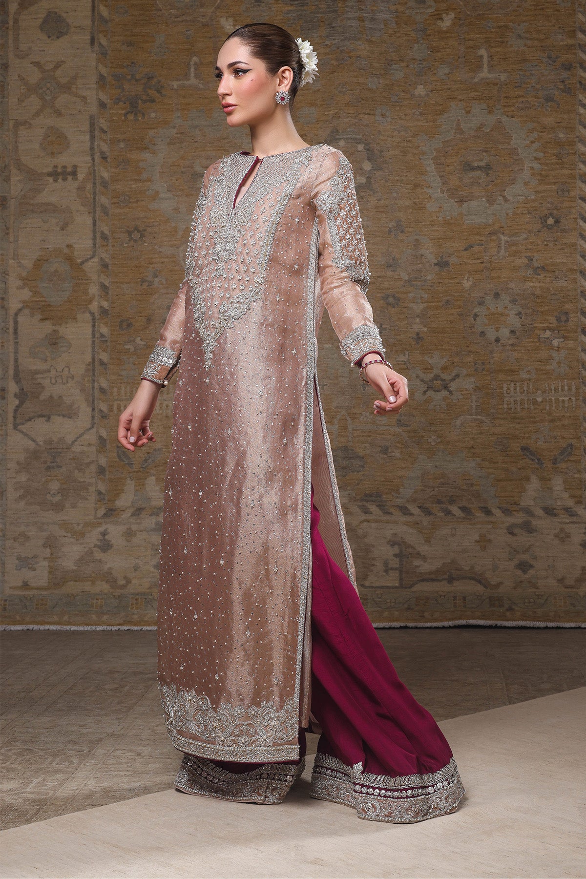 Peach & Fuchsia Embellished Tissue Salwar Kameez (2-Piece) - Image 2