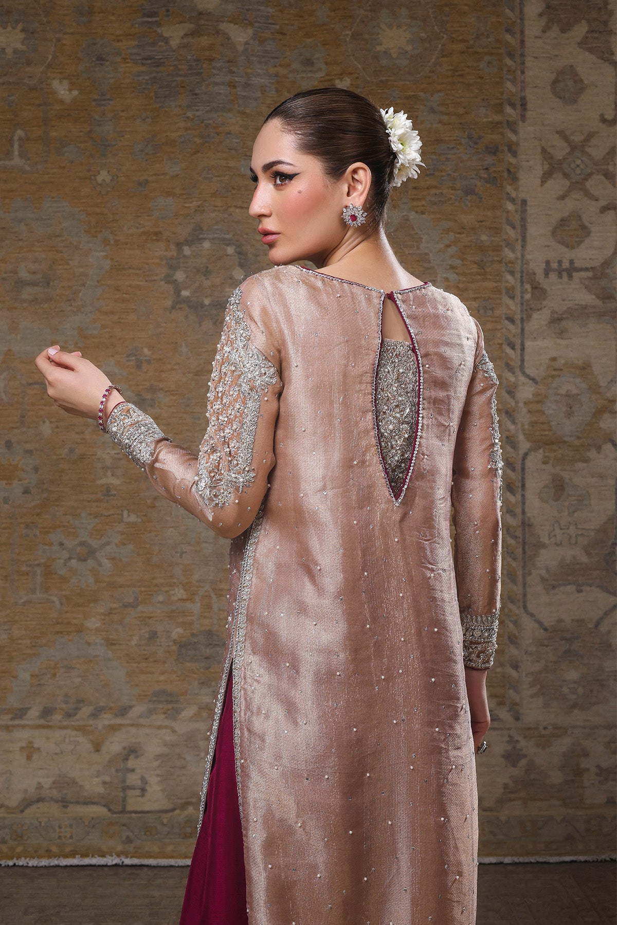 Peach & Fuchsia Embellished Tissue Salwar Kameez (2-Piece) - Image 3