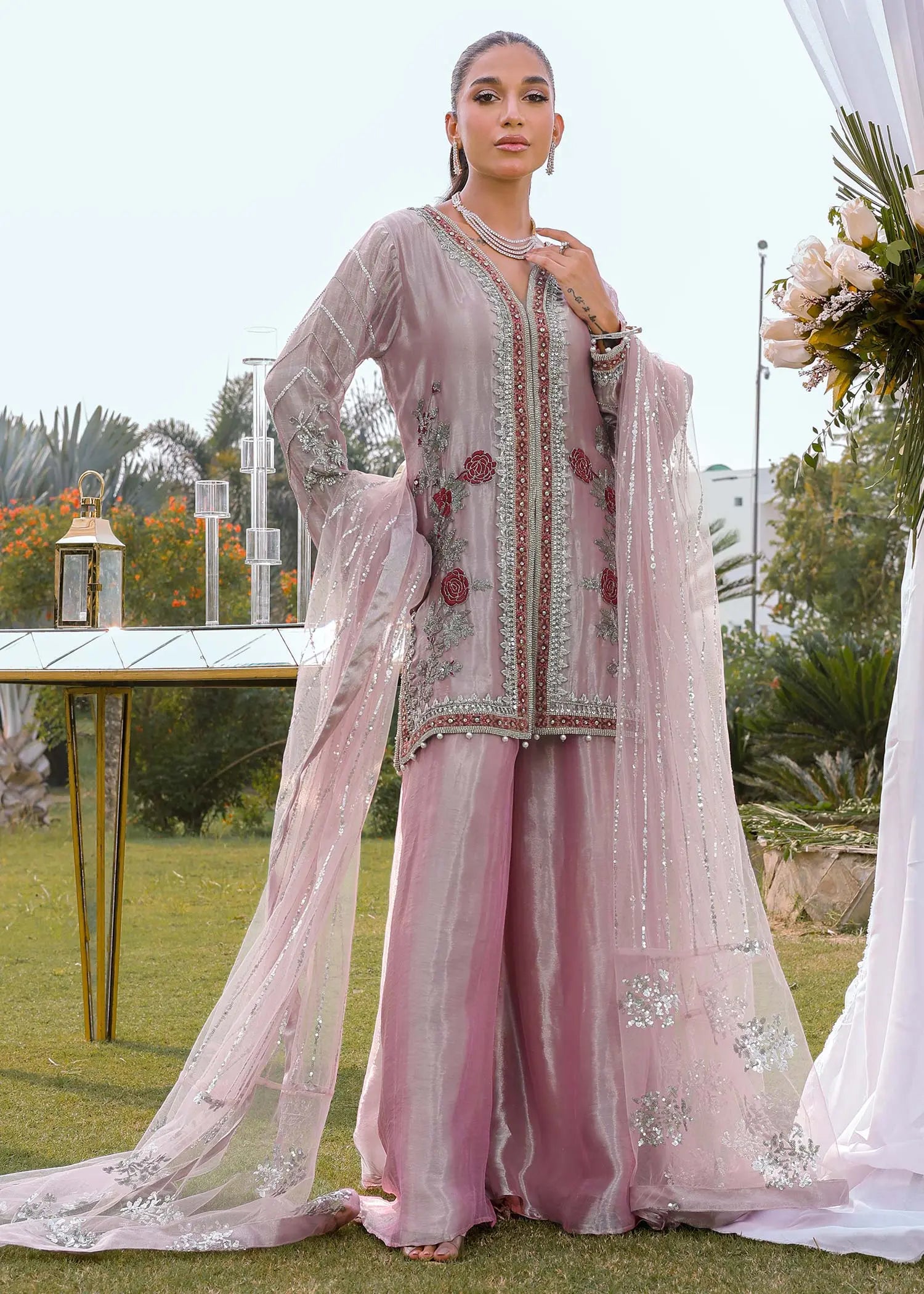 Rose Pink Embroidered Tissue Jacket & Culotte (3-Piece) - Image 1