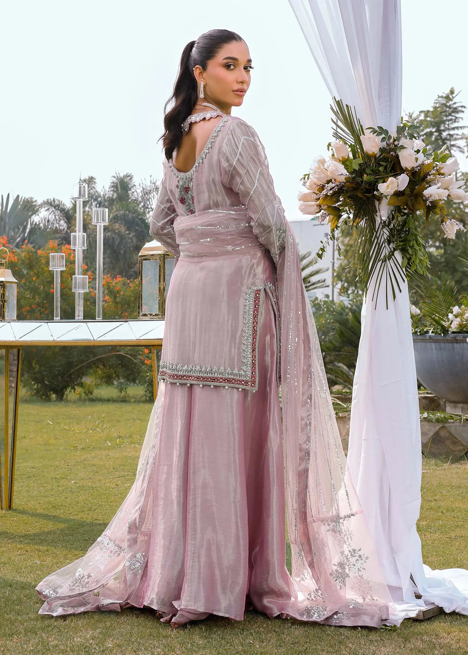 Rose Pink Embroidered Tissue Jacket & Culotte (3-Piece) - Image 3