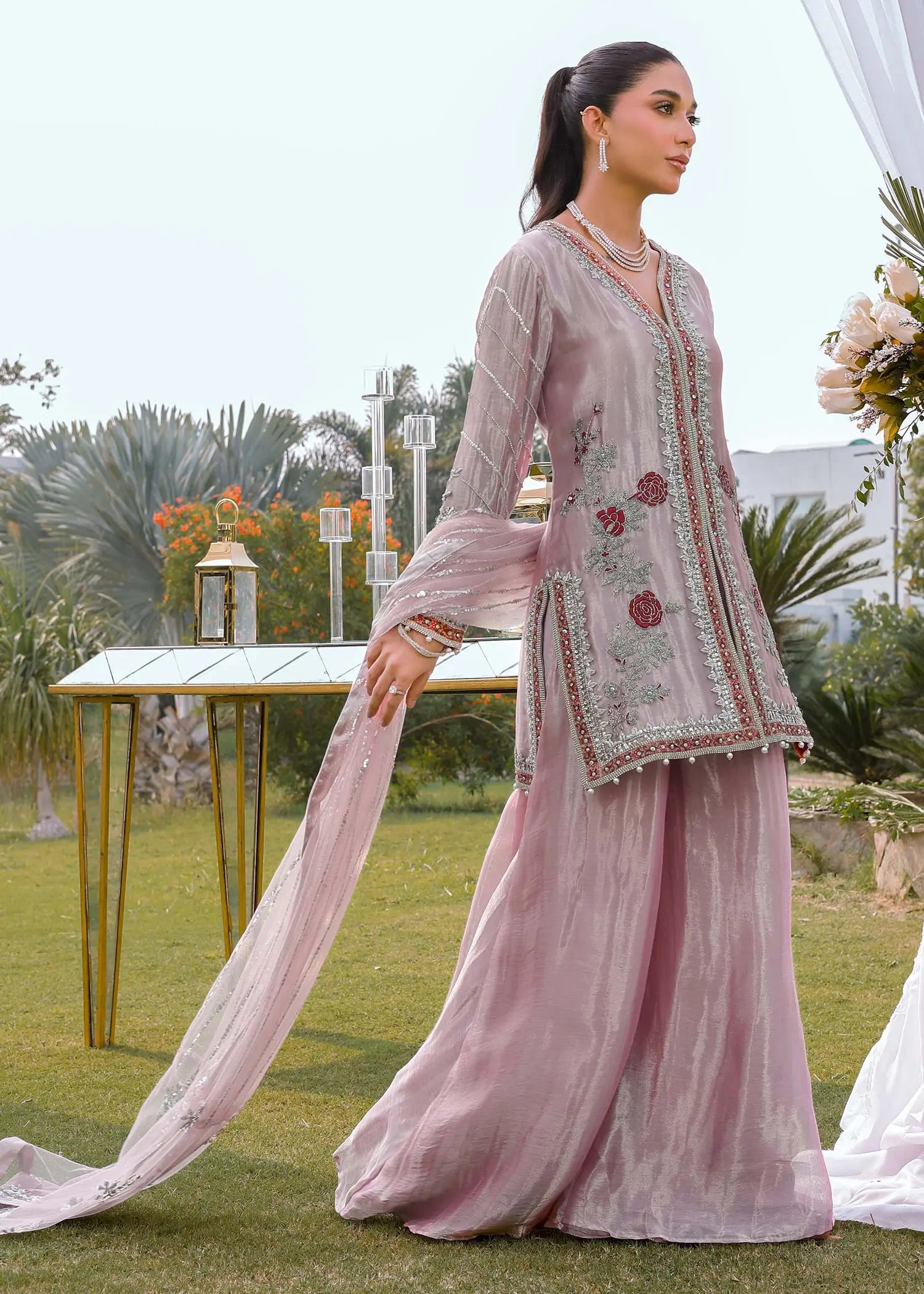 Rose Pink Embroidered Tissue Jacket & Culotte (3-Piece) - Image 4