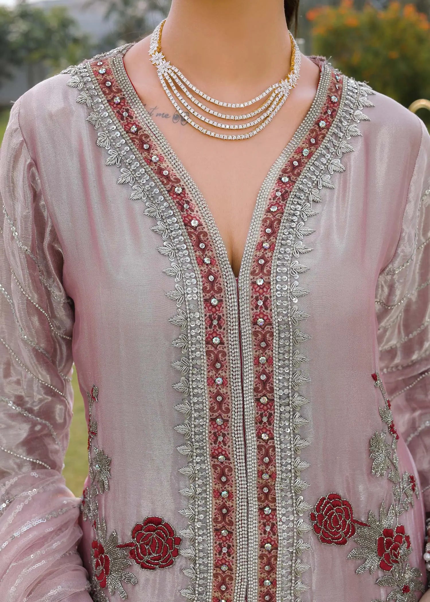 Rose Pink Embroidered Tissue Jacket & Culotte (3-Piece) - Image 5