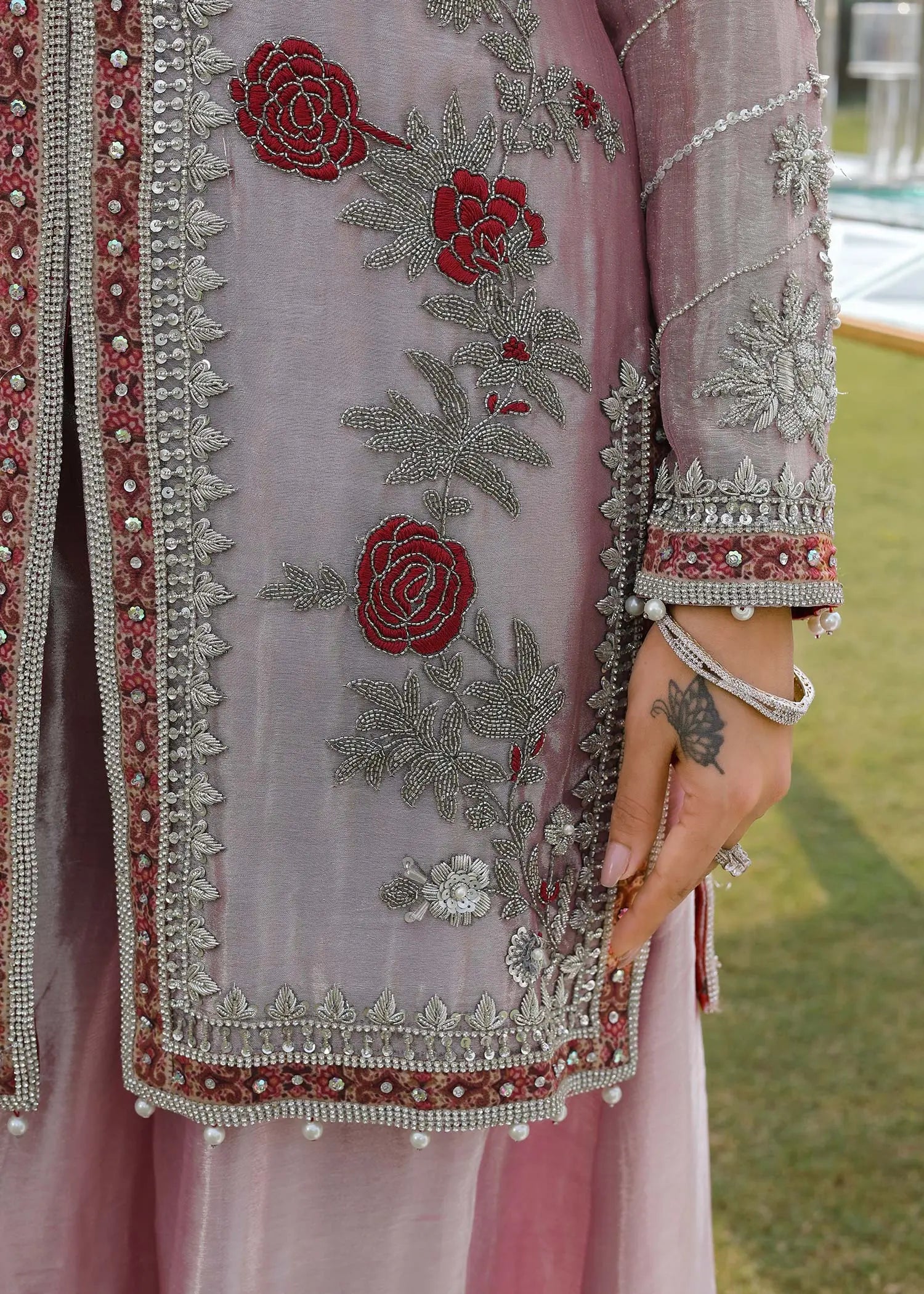 Rose Pink Embroidered Tissue Jacket & Culotte (3-Piece) - Image 6