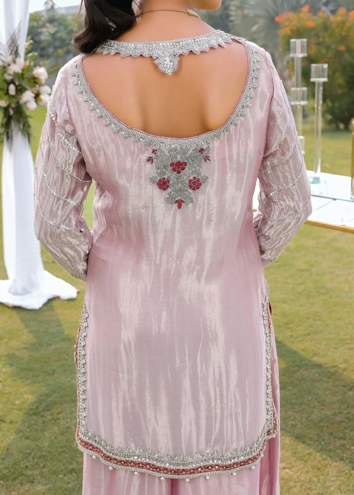 Rose Pink Embroidered Tissue Jacket & Culotte (3-Piece) - Image 7