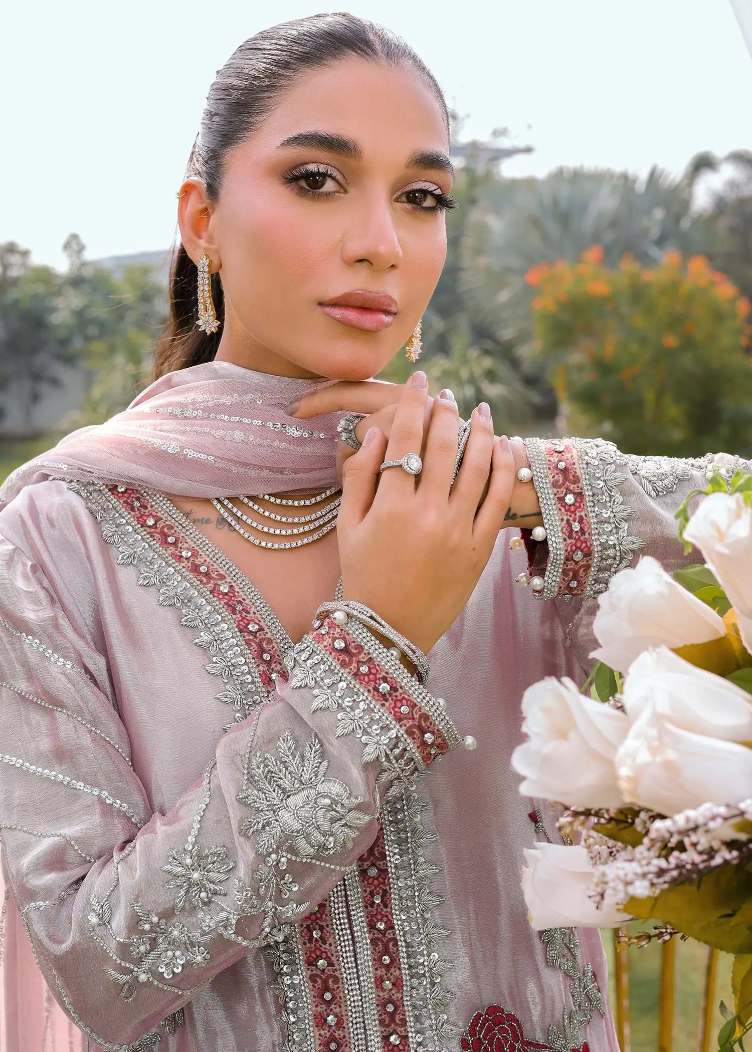 Rose Pink Embroidered Tissue Jacket & Culotte (3-Piece) - Image 9