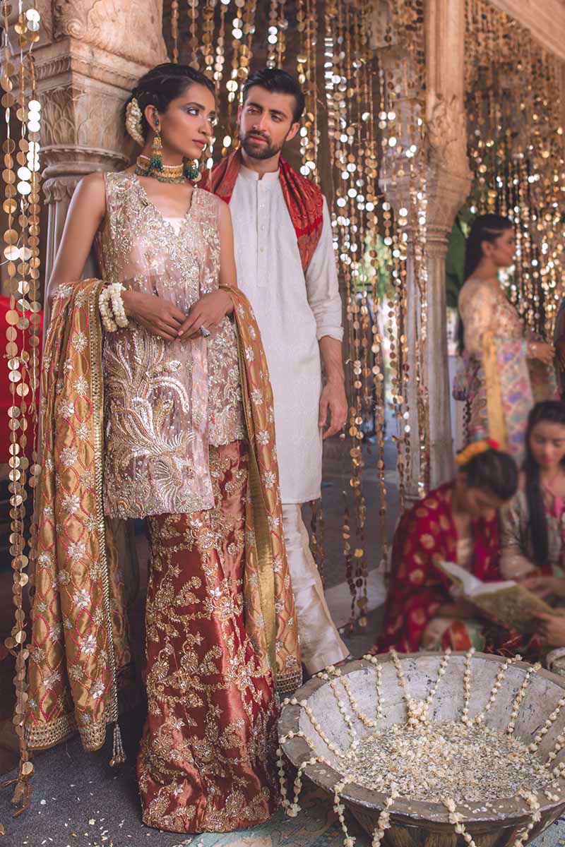 Pakistani Peach Embroidered Tissue Salwar Kameez (3-Piece) - Image 1