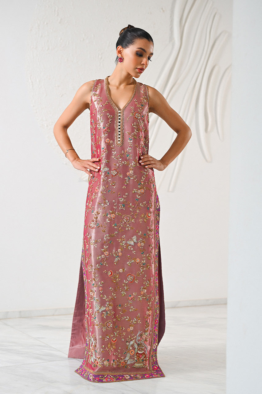 Pakistani Champagne Pink Zardozi Tissue Column Shirt (2-Piece) - Image 4