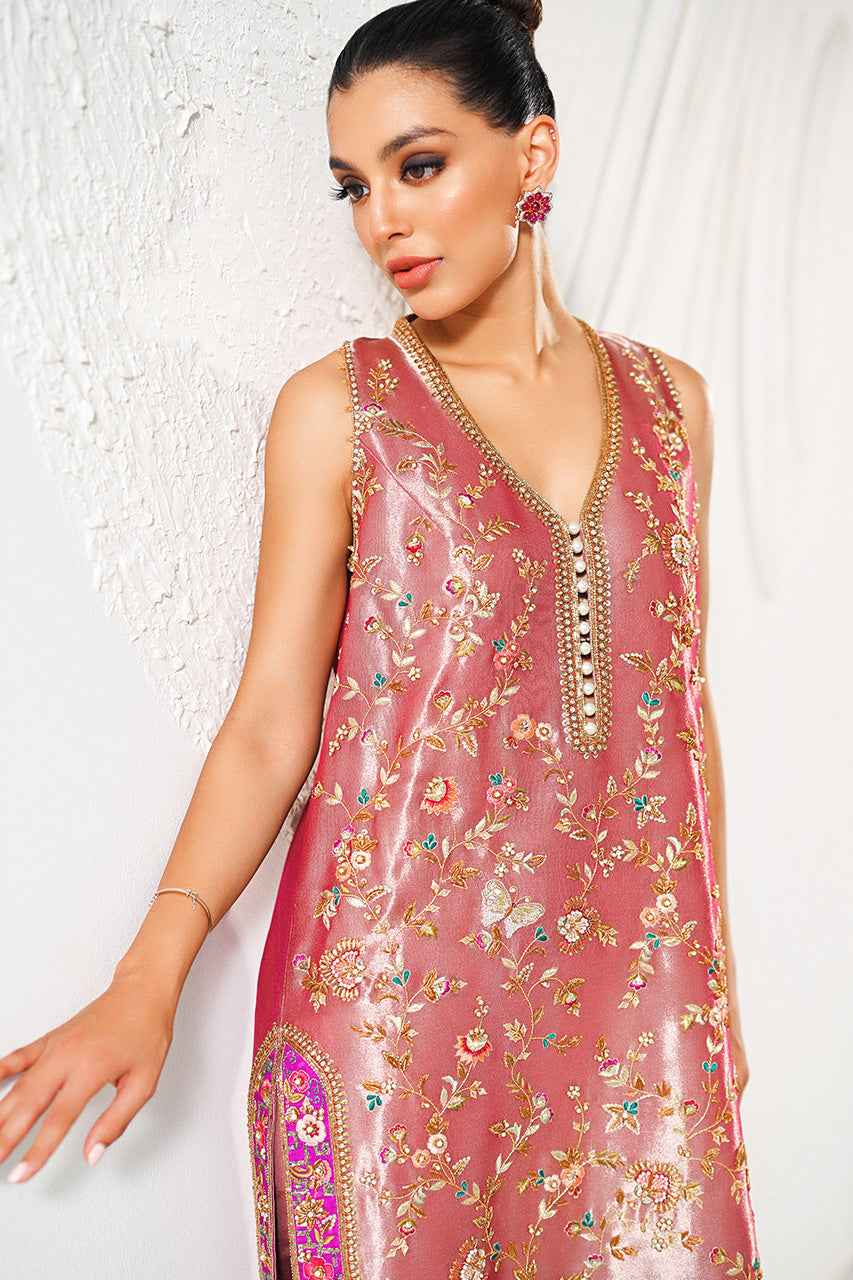 Pakistani Champagne Pink Zardozi Tissue Column Shirt (2-Piece) - Image 5