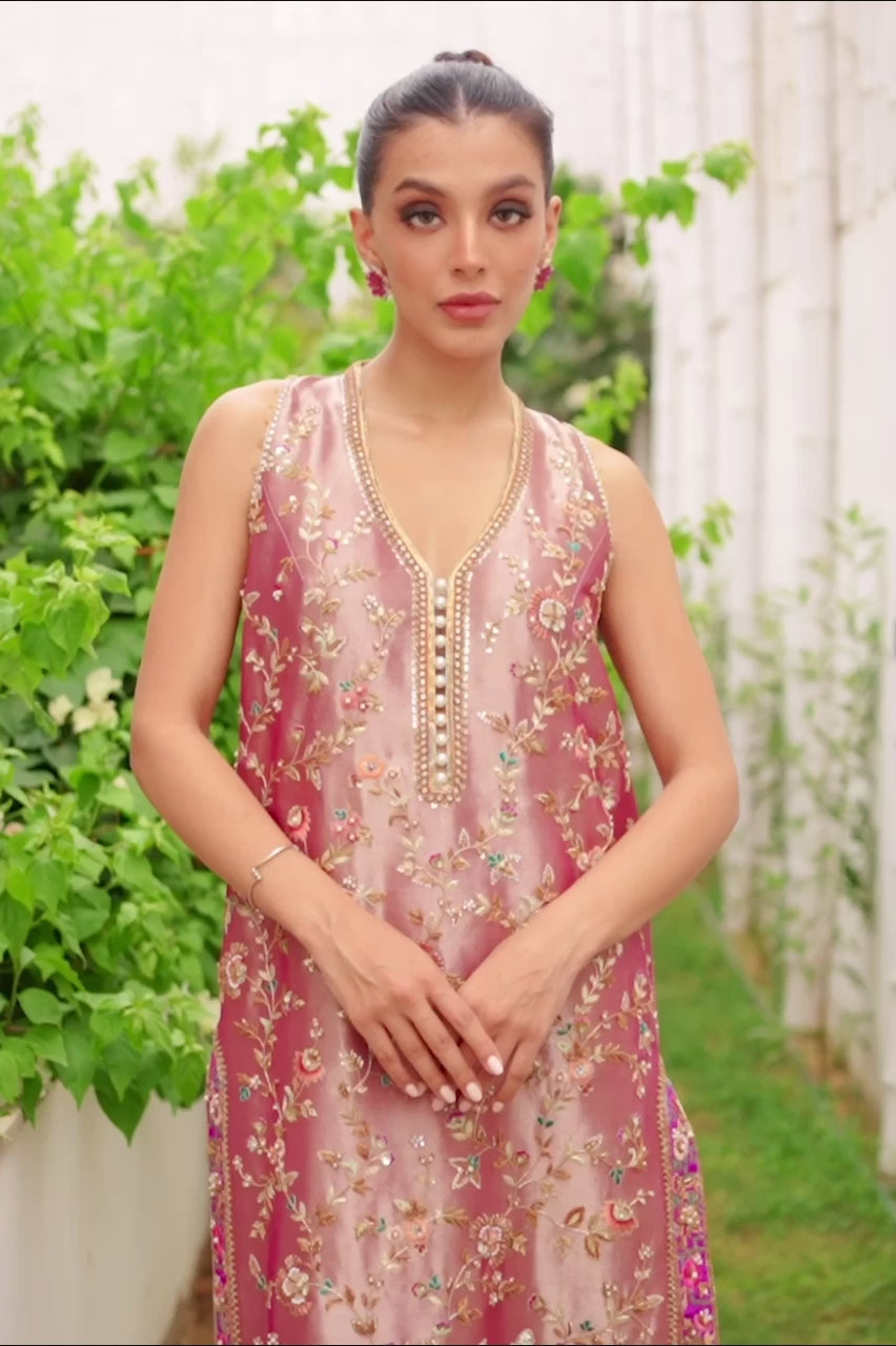 Pakistani Champagne Pink Zardozi Tissue Column Shirt (2-Piece) - Image 7