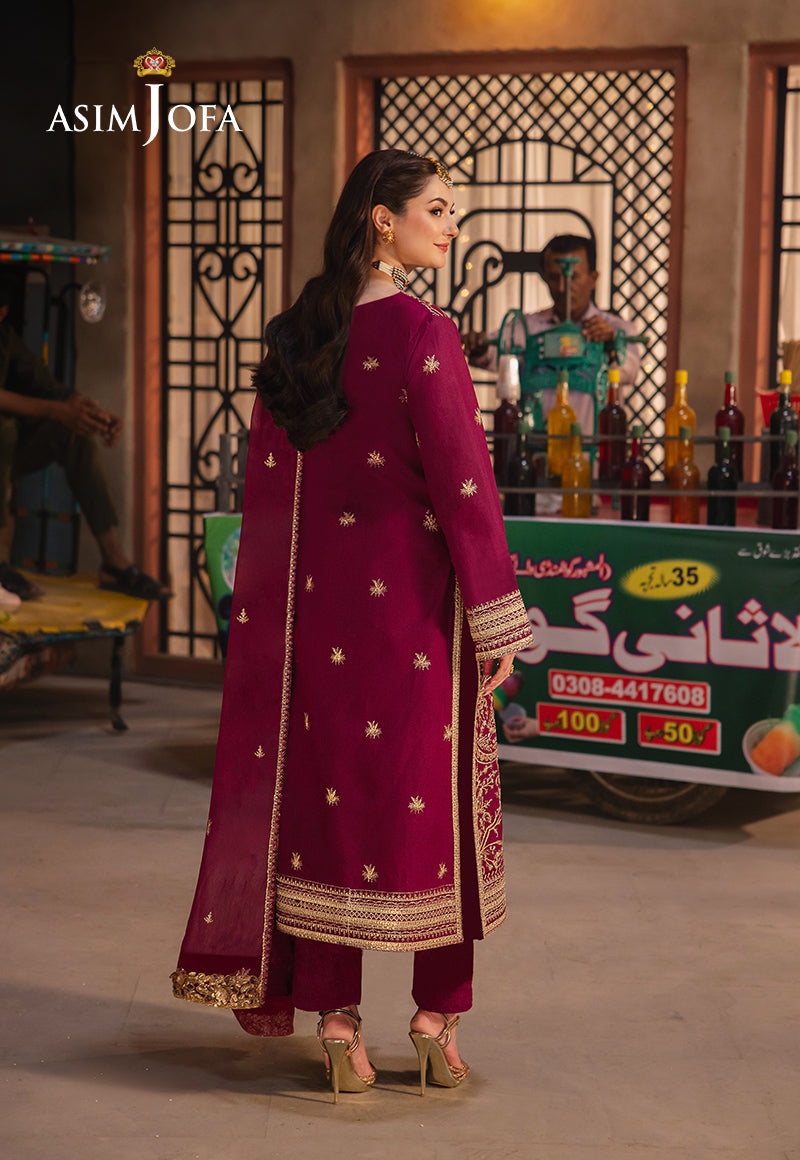 Pakistani Magenta Embroidered Twisted Silk 3-Piece Suit - Image 2