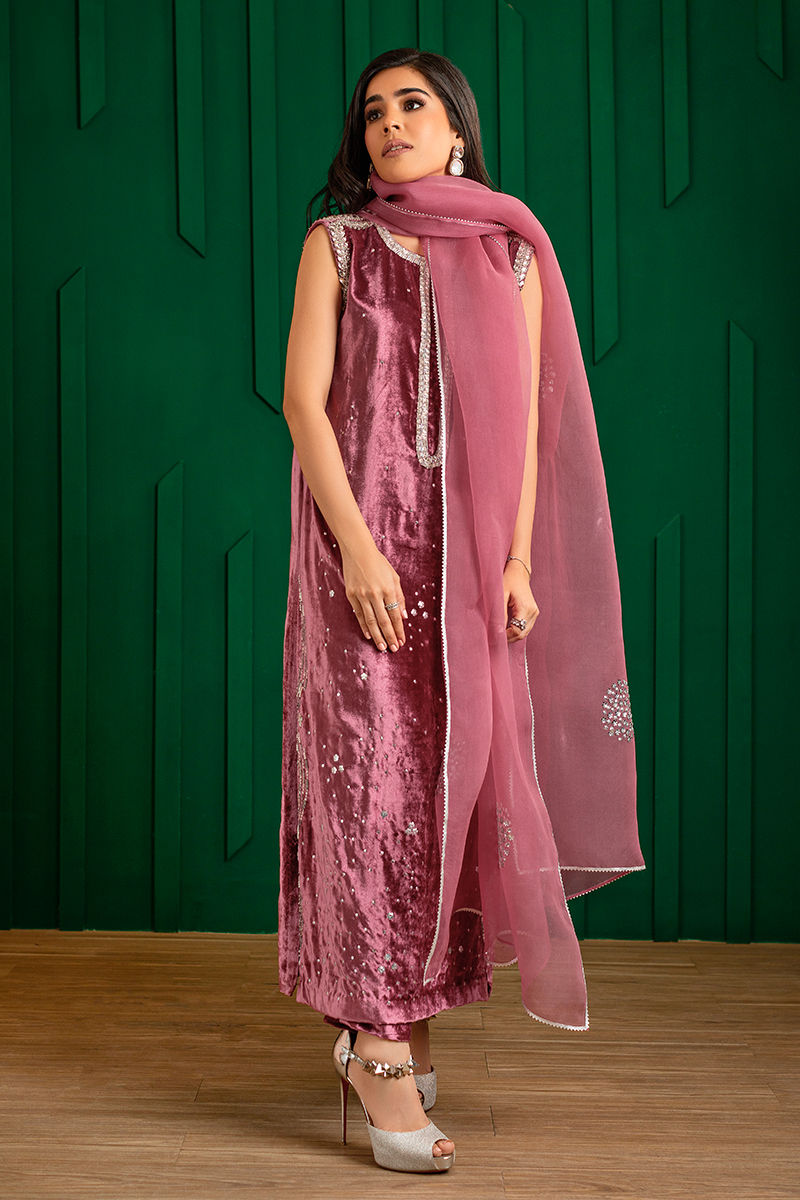 Dusky Pink Handworked Velvet & Organza Salwar Kameez (3-Piece) - Image 1