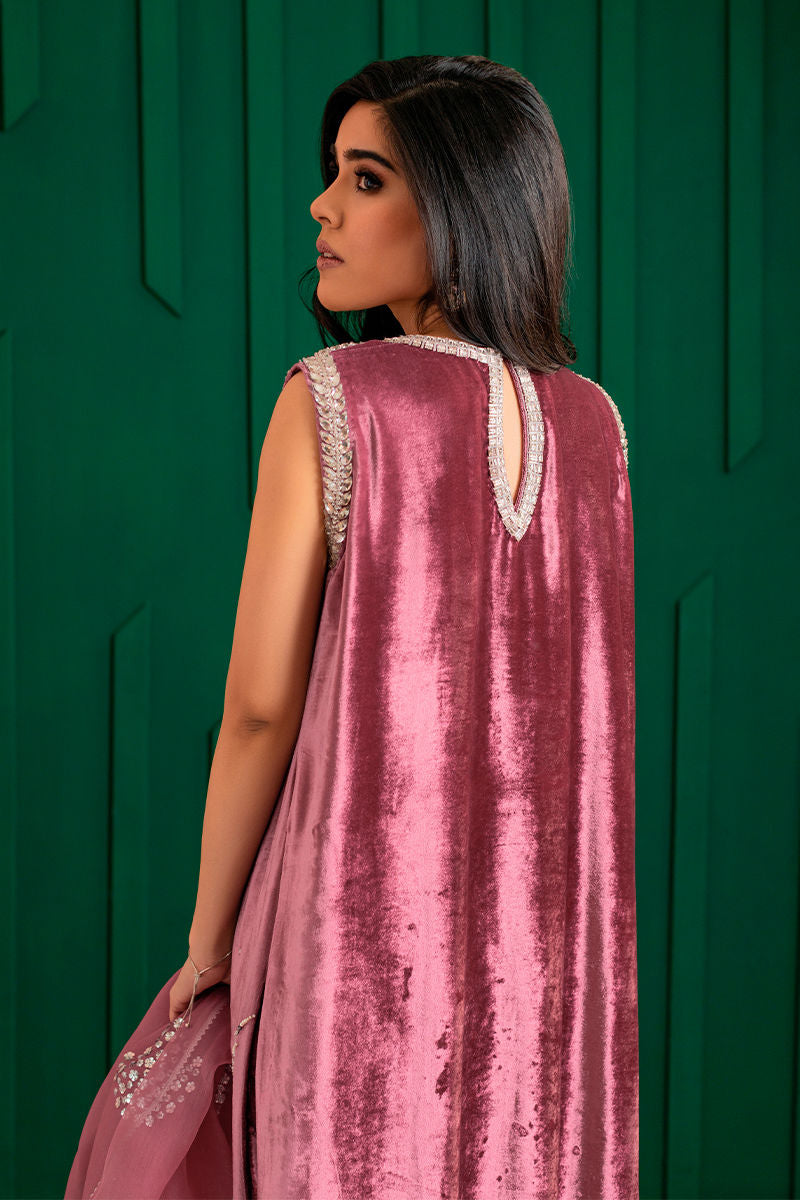 Dusky Pink Handworked Velvet & Organza Salwar Kameez (3-Piece) - Image 2