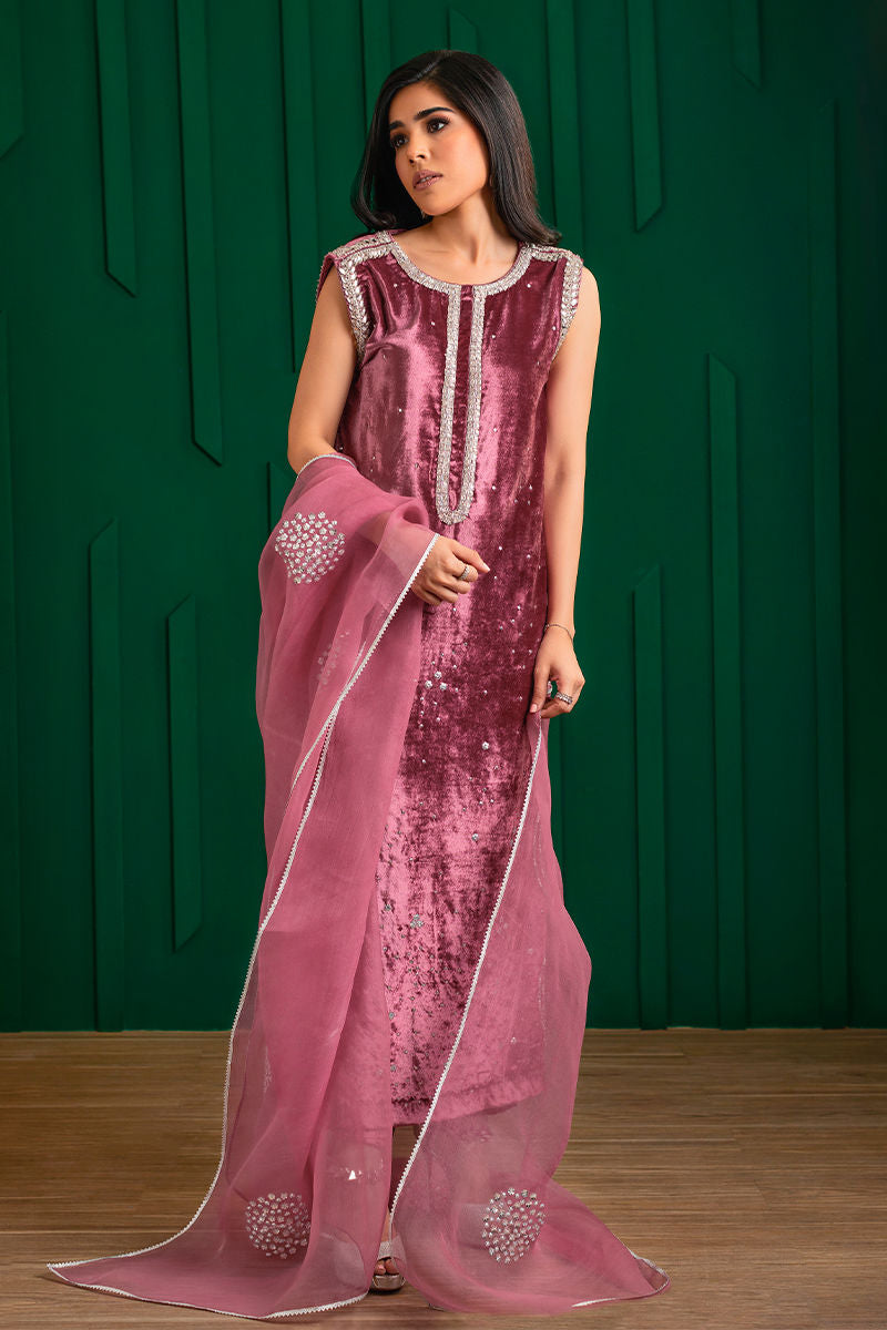 Dusky Pink Handworked Velvet & Organza Salwar Kameez (3-Piece) - Image 3
