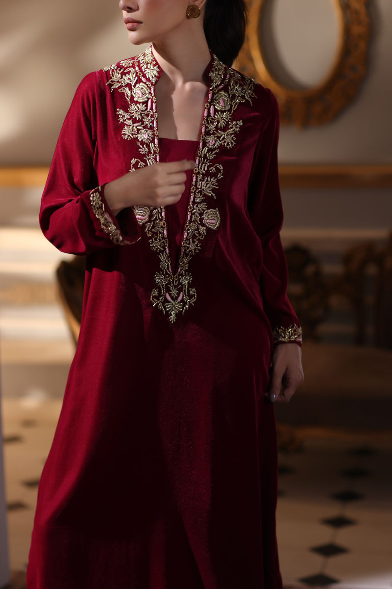 Shocking Pink Embroidered Velvet & Silk Long Shirt (2-Piece) - Image 2