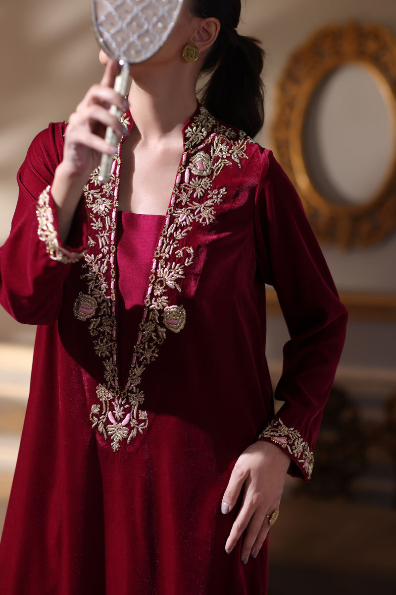 Shocking Pink Embroidered Velvet & Silk Long Shirt (2-Piece) - Image 3