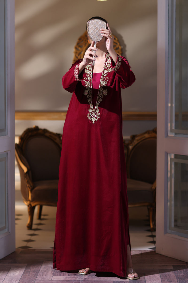 Shocking Pink Embroidered Velvet & Silk Long Shirt (2-Piece) - Image 4