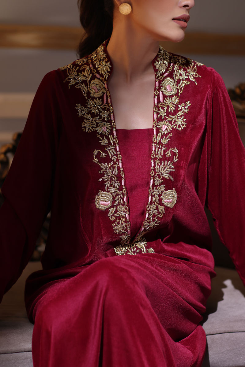 Shocking Pink Embroidered Velvet & Silk Long Shirt (2-Piece) - Image 5