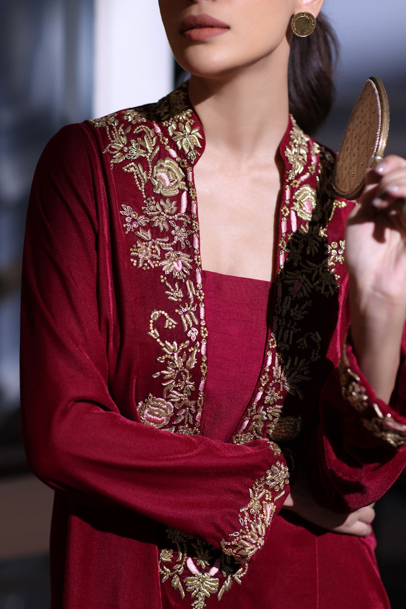 Shocking Pink Embroidered Velvet & Silk Long Shirt (2-Piece) - Image 6