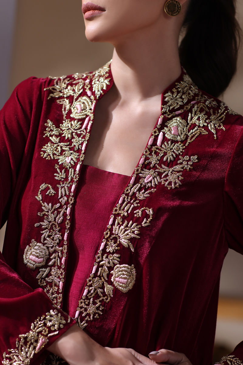 Shocking Pink Embroidered Velvet & Silk Long Shirt (2-Piece) - Image 7