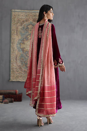 Magenta Embellished Pure Velvet Salwar Kameez (3-Piece) - Image 3