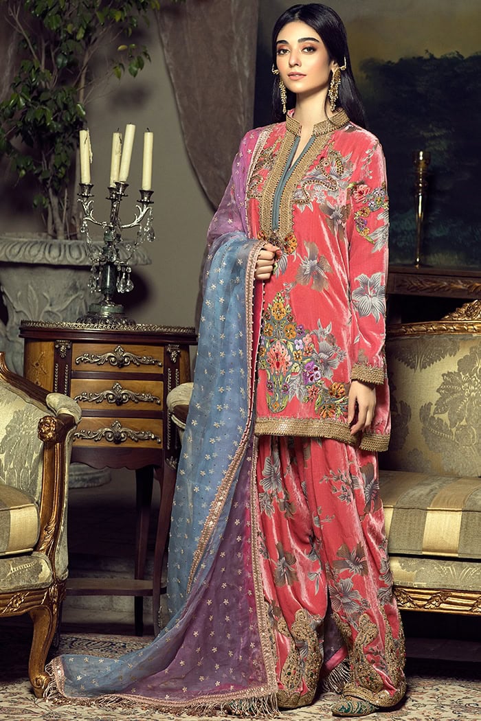 Coral Pink Embroidered Velvet Shalwar Kameez (3-Piece) - Image 1