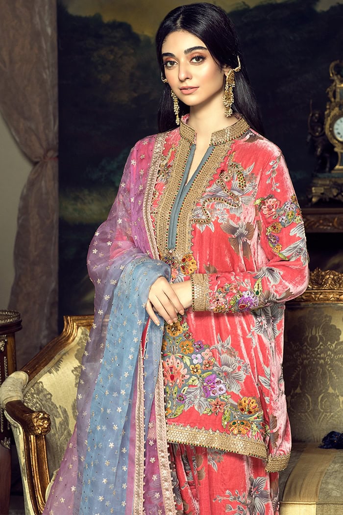 Coral Pink Embroidered Velvet Shalwar Kameez (3-Piece) - Image 2