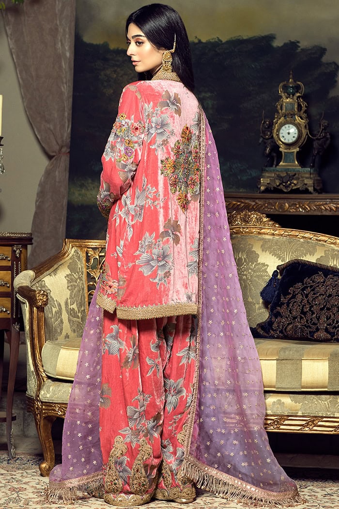 Coral Pink Embroidered Velvet Shalwar Kameez (3-Piece) - Image 3