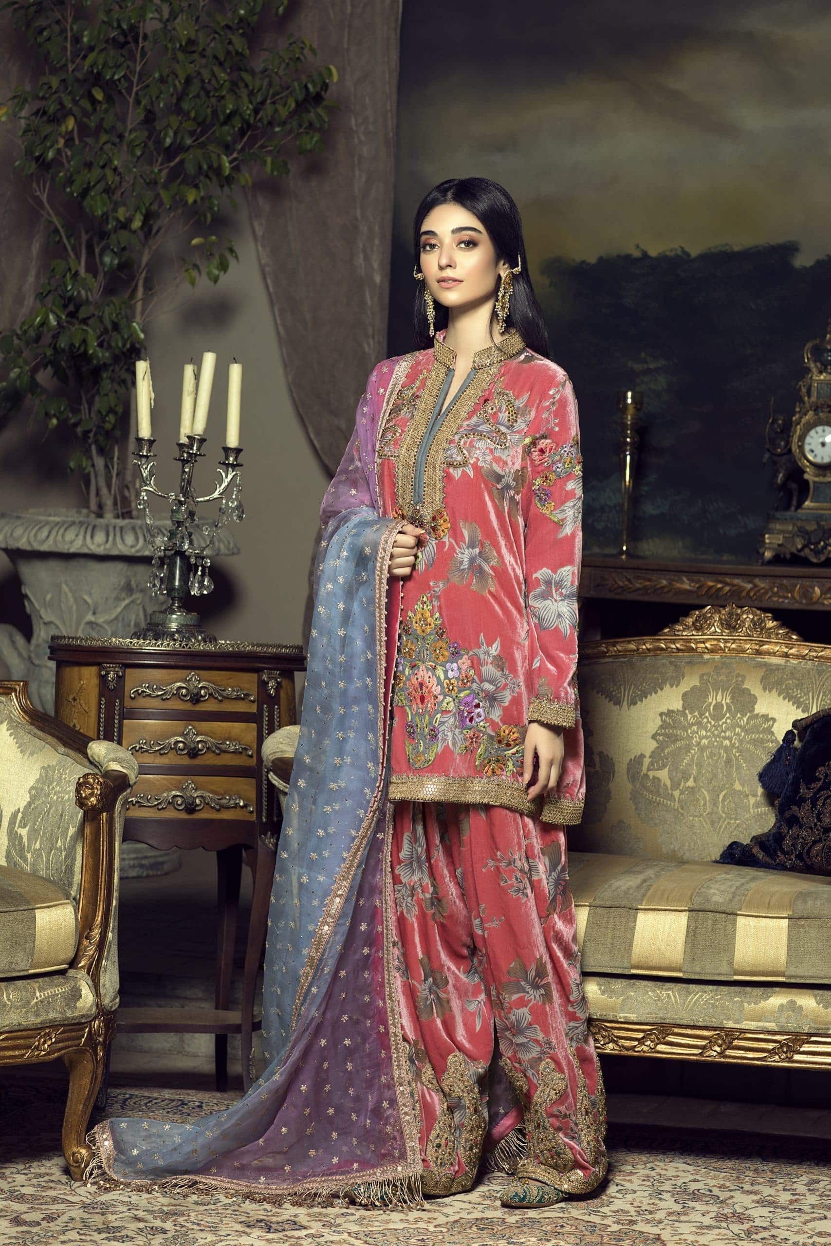 Coral Pink Embroidered Velvet Shalwar Kameez (3-Piece) - Image 4