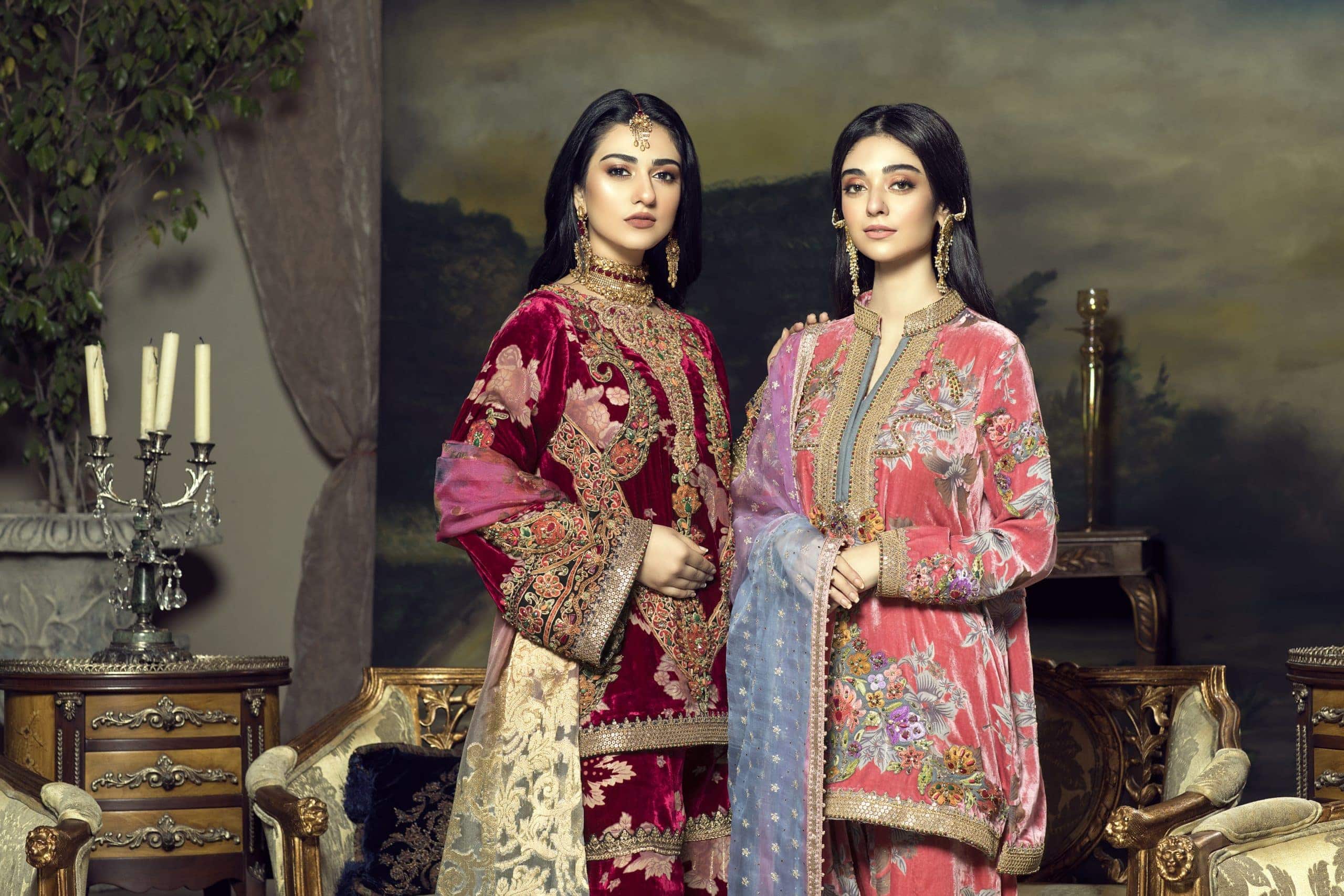 Coral Pink Embroidered Velvet Shalwar Kameez (3-Piece) - Image 5