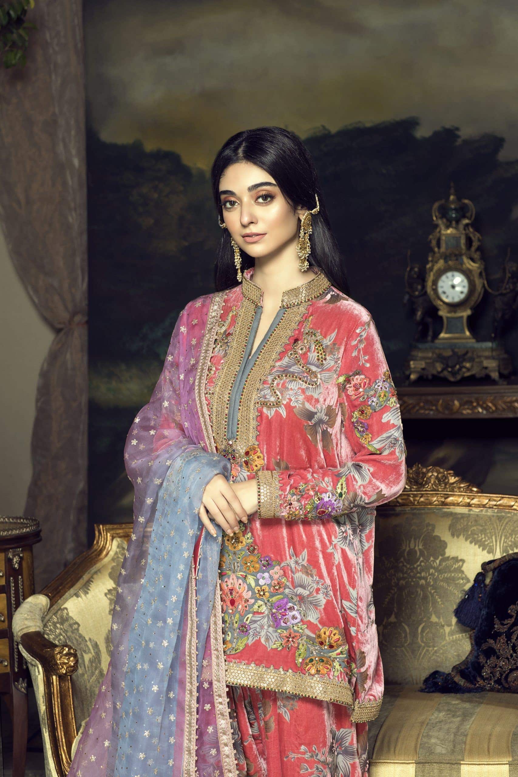 Coral Pink Embroidered Velvet Shalwar Kameez (3-Piece) - Image 6