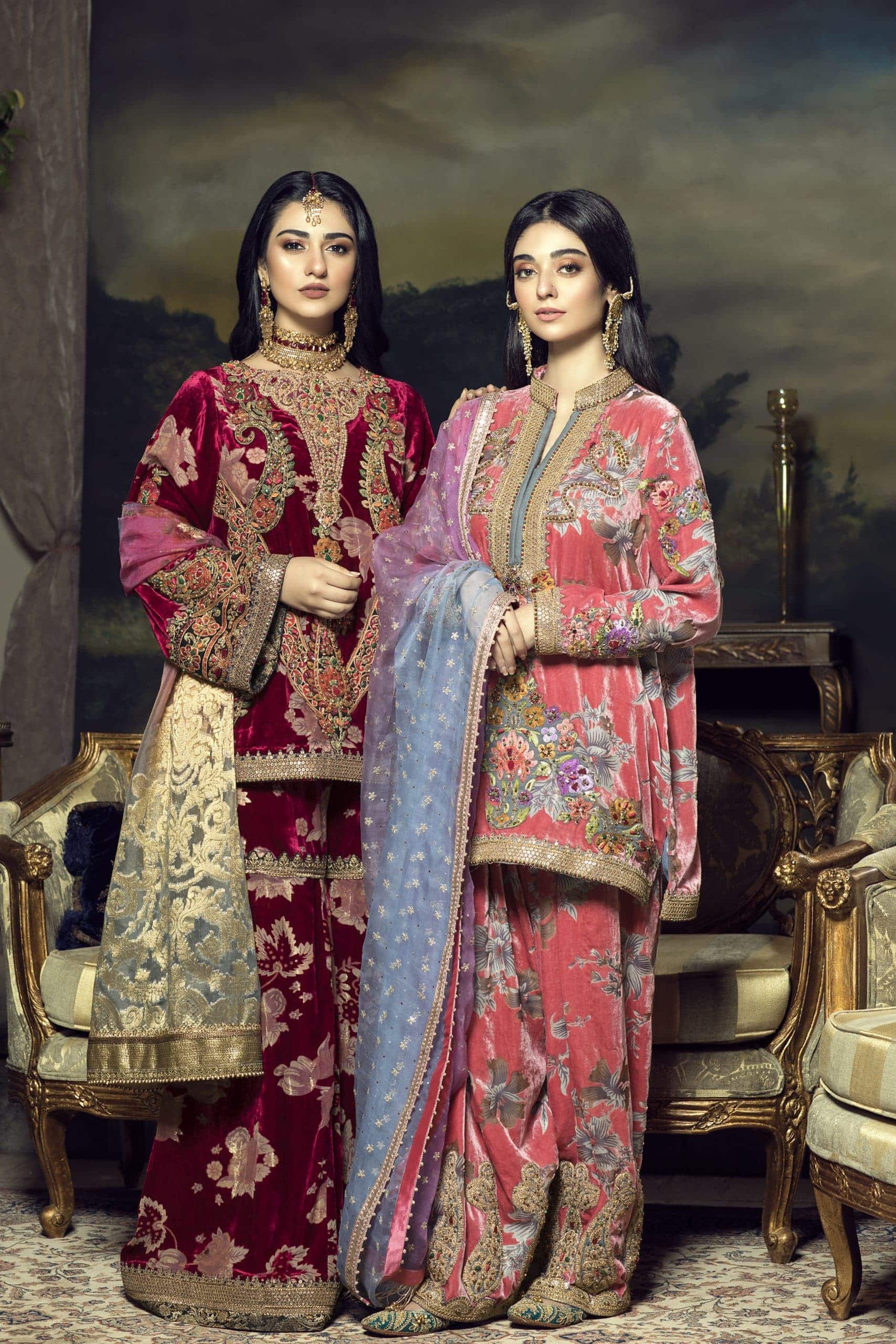 Coral Pink Embroidered Velvet Shalwar Kameez (3-Piece) - Image 7