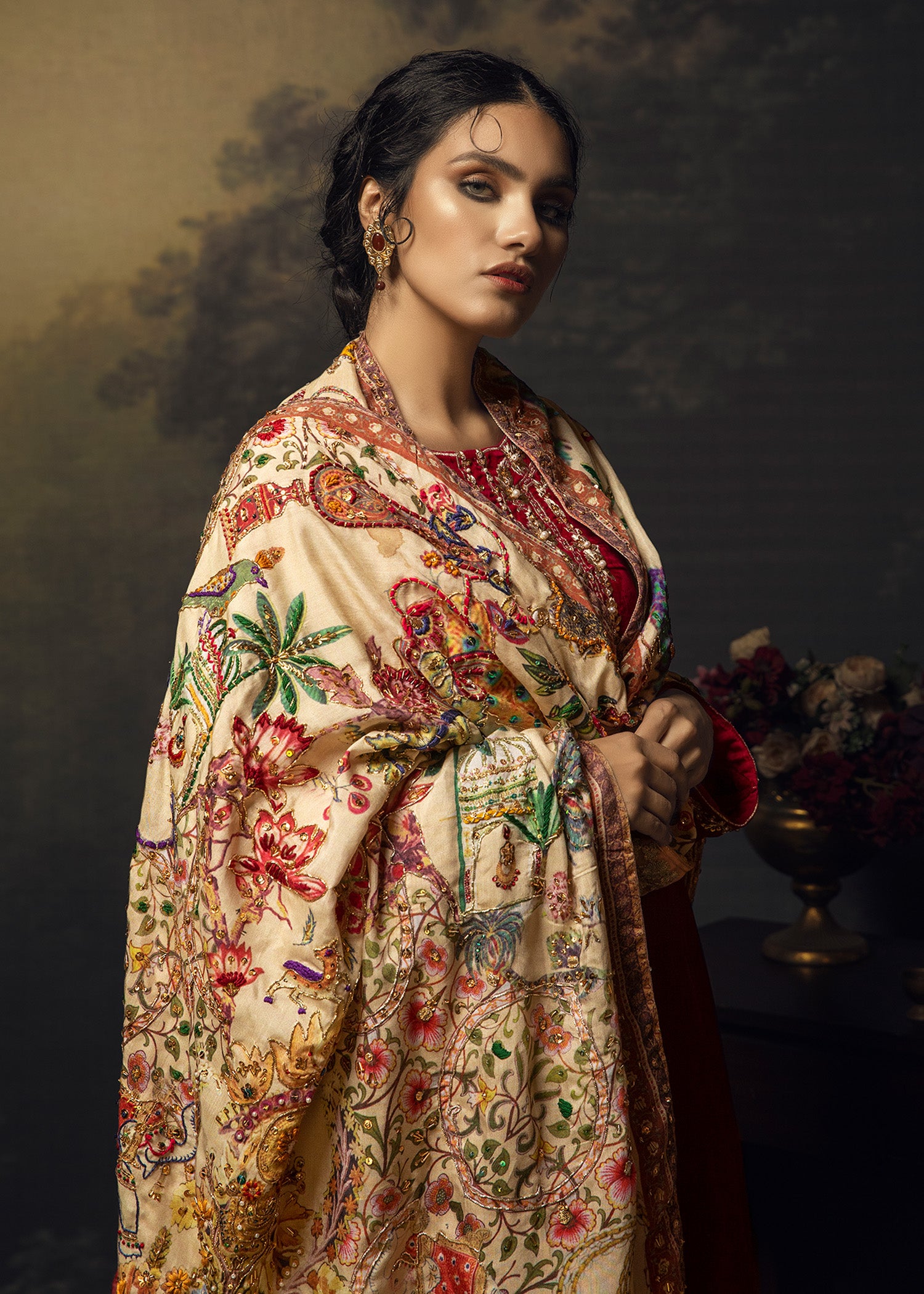 Pakistani Ruby Pink Lorex Embroidered Velvet Salwar Kameez (3-Piece) - Image 4