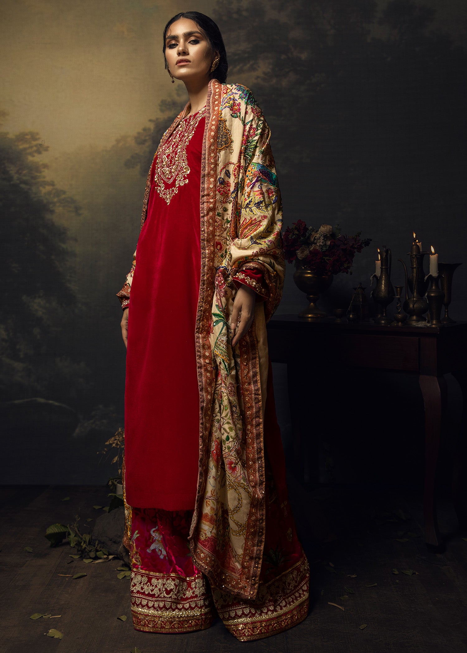 Pakistani Ruby Pink Lorex Embroidered Velvet Salwar Kameez (3-Piece) - Image 5