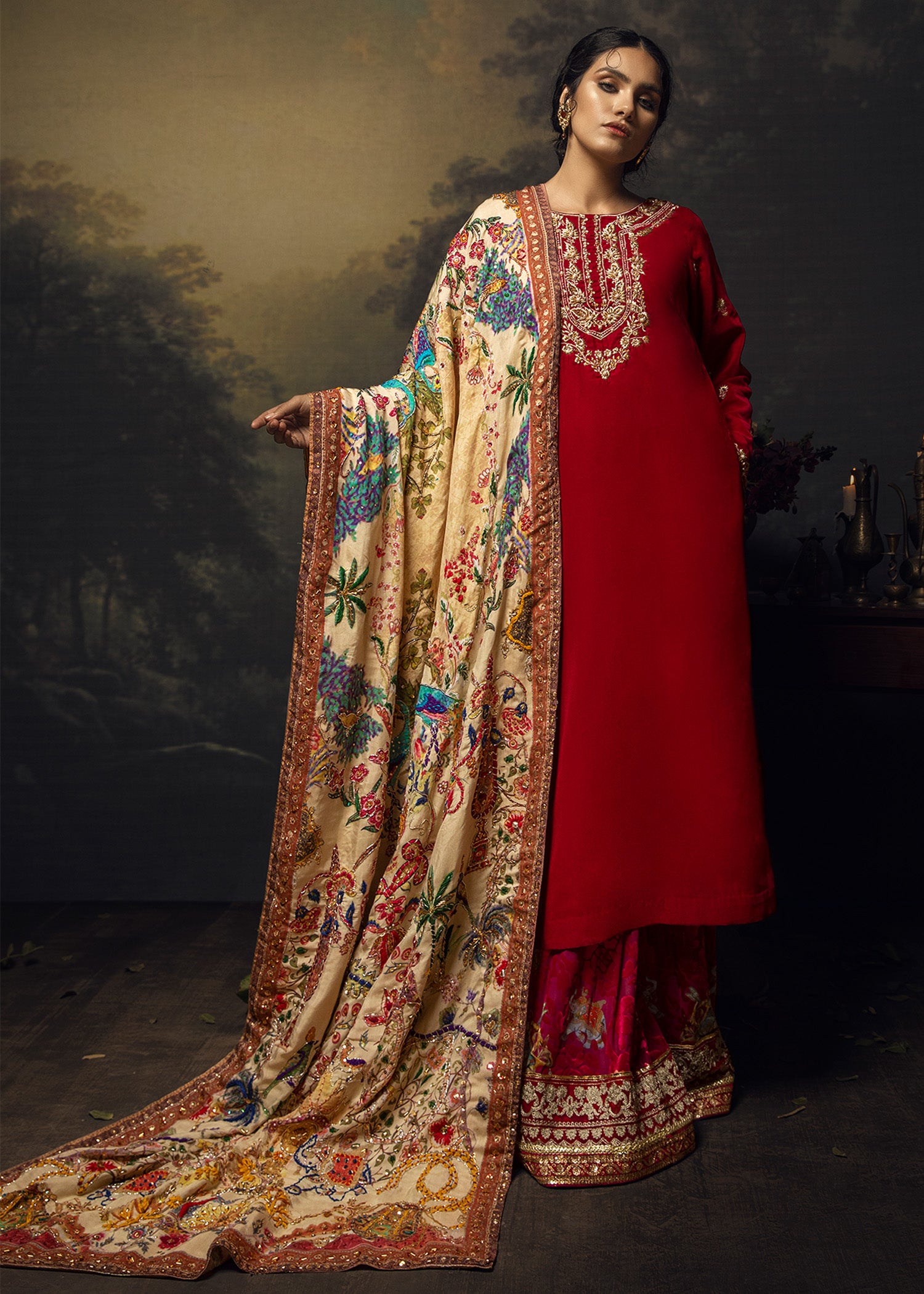 Ruby Pink Embroidered Velvet Salwar Kameez (3-Piece) - Image 1