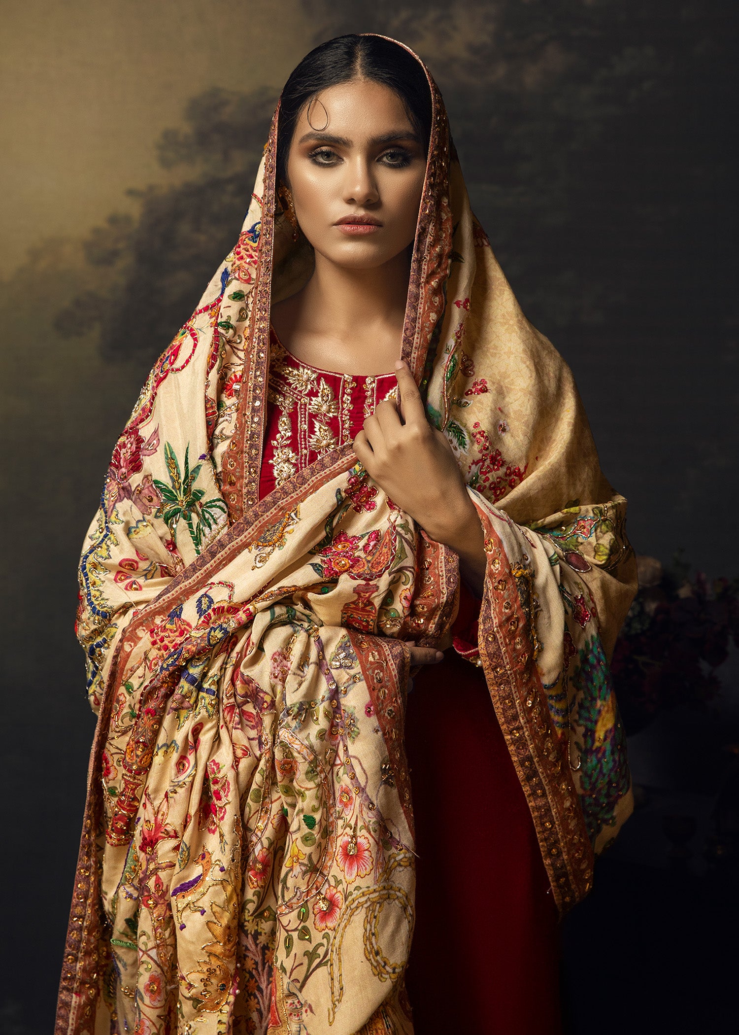 Ruby Pink Embroidered Velvet Salwar Kameez (3-Piece) - Image 2